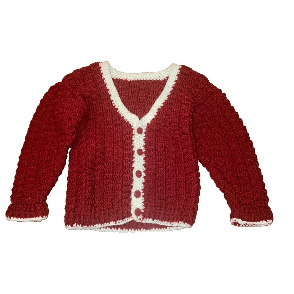VTG Hand Knit Girls Red Sweater Cardigan Button Chunky Christmas Sz L T-9